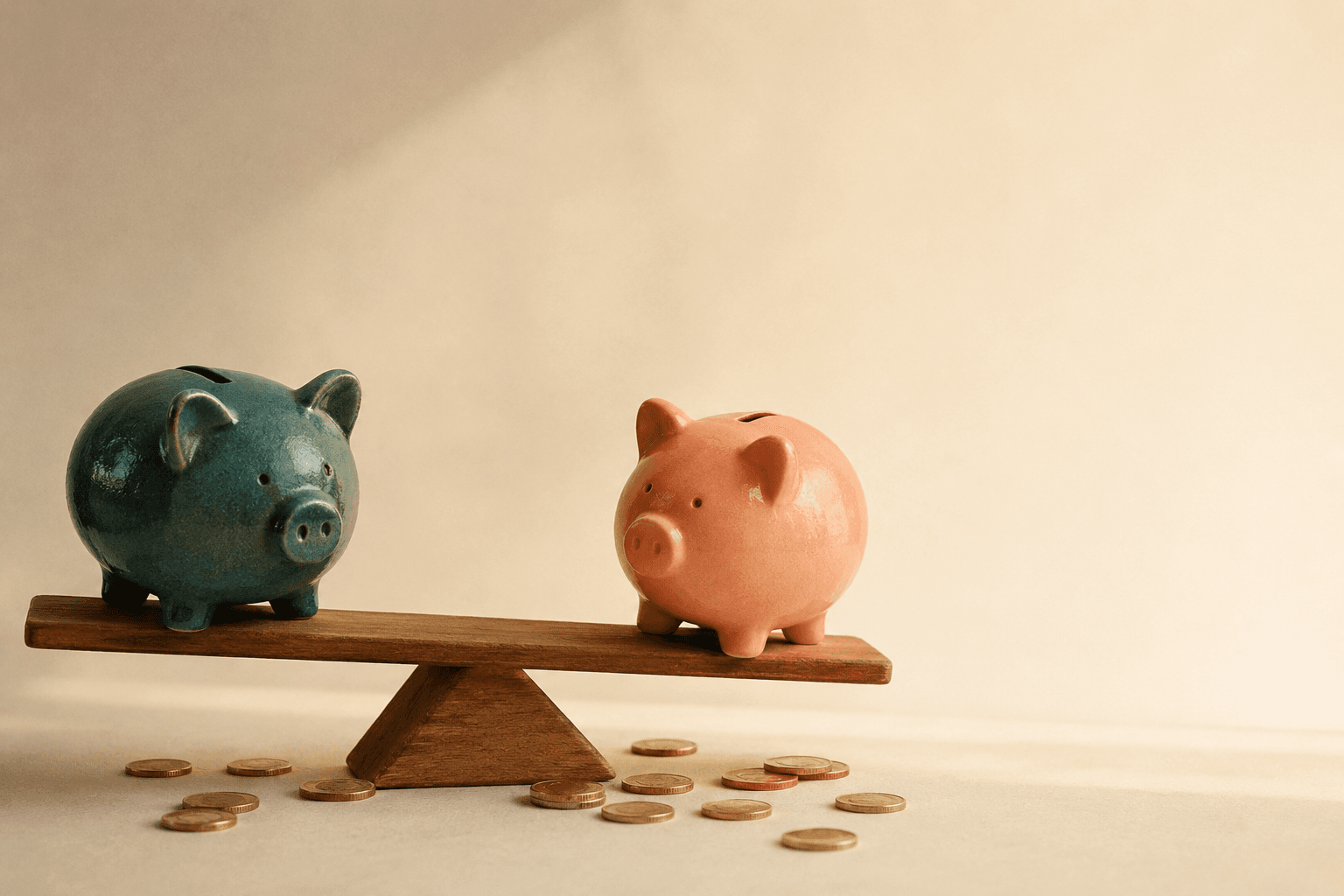 Two ceramic piggy banks, one teal and one coral, balanced on a wooden see-saw
