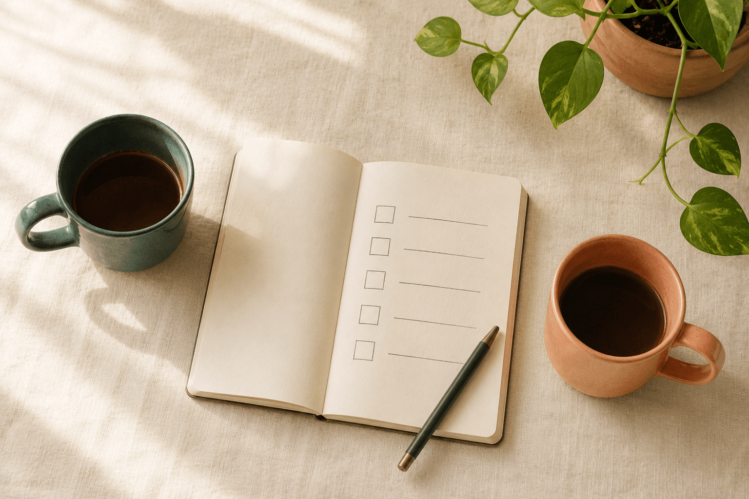 Two coffee mugs — one teal, one coral — on either side of an open notebook with a hand-drawn checklist